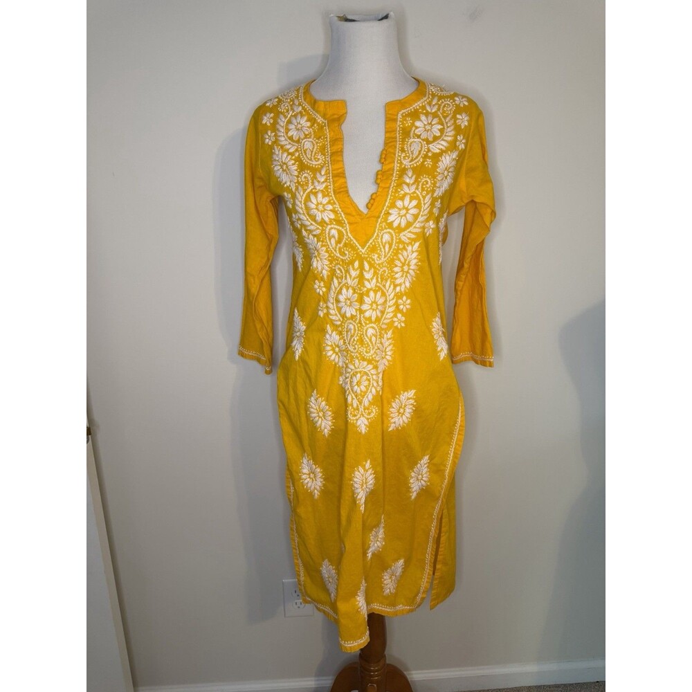 Madison Mathews Shirt Dress Embroidered Yellow 100% Cotton XS